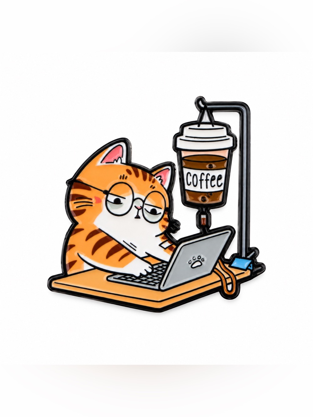 Coffee IV Cat Enamel Pin – Funny Tired Working Cat Laptop Coffee Lover Pin